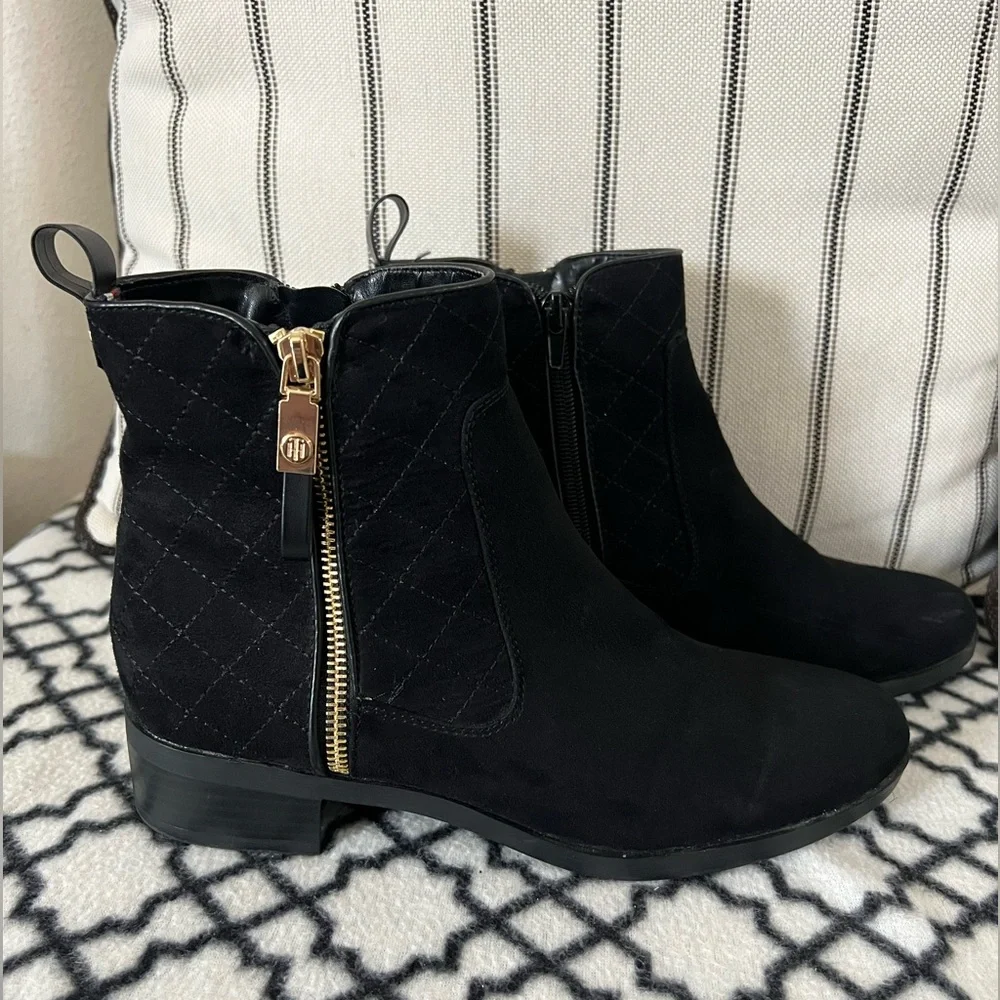 Tommy Hilfiger Black Suede Ankle Booties with Gold Zipper